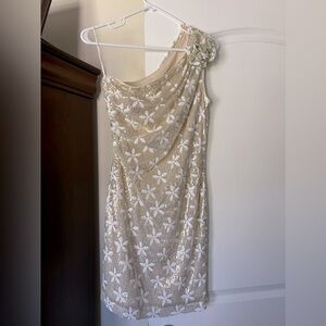 MARK + JAMES One Shoulder Gold & Cream Sequined Mini Dress | Size S